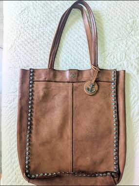 Brown Leather Studded Tote Bag with Anchor Charm